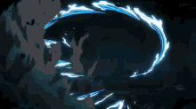 a person is holding a sword in their hand while a wave of water is coming out of it .