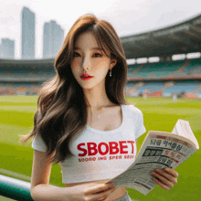 a woman wearing a shirt that says sbobet holds a newspaper