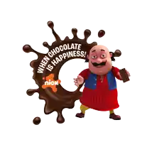 a cartoon character holding a chocolate bar in front of a chocolate splash that says when chocolate is happiness