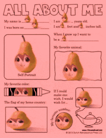 an all about me worksheet with a picture of a pear with a face on it