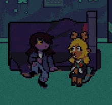 a pixel art of two people sitting on a couch .