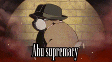 a cartoon of a man wearing a hat with the words " abu supremacy " on it