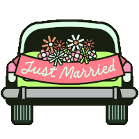 a green car with flowers on the back and a just married banner