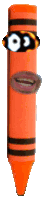 an orange crayon with cartoon eyes and mouth on it