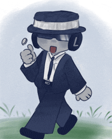 a drawing of a man in a suit and tie with the letter l on his headphones