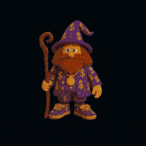 a cartoon character with a beard is wearing a purple wizard hat and holding a cane