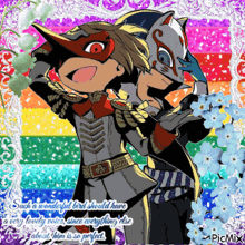 a picture of two anime characters with a rainbow background