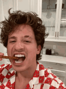 a man in a red and white checkered shirt is eating pretzels