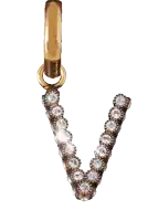 a gold letter v pendant with diamonds on it