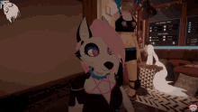 a screenshot of a video game shows a girl and a wolf