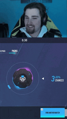 a man wearing headphones is looking at a screen that says find another match at the bottom