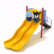 two stuffed animals are on a yellow slide