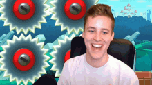 a man is smiling in front of a cartoon background