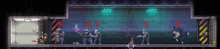 a group of people are standing in a dark room holding guns in a video game