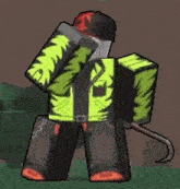 a roblox character wearing a green jacket and black pants is standing in a forest .