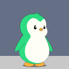 a green and white penguin with the words whyyy written above it