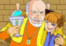 a cartoon of an old man and a young girl holding a cup
