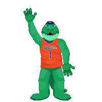 a green gator wearing an orange jersey with the number 1