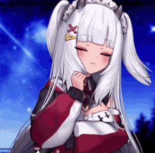 a girl with white hair and horns is wearing a red white and black jacket