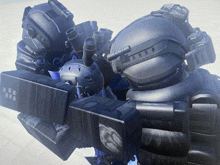 a robot with a helmet and a few boxes on its back