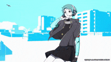 a girl with headphones on stands in front of a cityscape