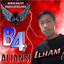 a man stands in front of a red background that says bebas bacot bebas bersuara