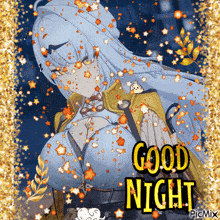 a picture of a girl with the words good night written in yellow