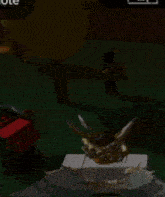 a cartoon character is standing next to a statue of a frog in a video game .