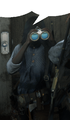 a person looking through binoculars with a white speech bubble above them