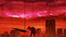 a person is standing in front of an american flag in a city