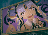a picture of a girl with purple hair and red eyes is on a wall