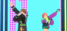 a man and a woman are standing next to each other with their arms outstretched in a video game .