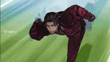 a man in a red jacket and pants is running on a field
