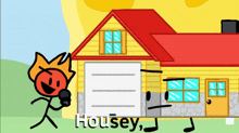 a cartoon drawing of a house with the word housey written on it