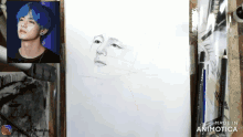 a drawing of a man with blue hair is being made in animoto