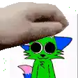 a hand is touching a green and blue cartoon cat .