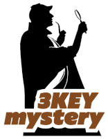 a silhouette of a man holding a magnifying glass with the words 3key mystery below