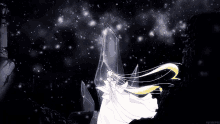 a woman in a white dress stands in front of a crystal in the dark