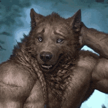 a werewolf with a braided beard is smiling and holding his head .