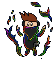 a cartoon of a man wearing headphones and holding a video game controller surrounded by colorful leaves .