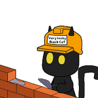 a black cat wearing a hard hat that says very lucky black cat on it