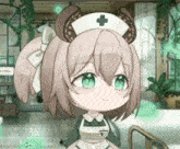 a cute nurse with horns is sitting in a hospital bed .