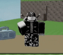a roblox character is standing next to a boombox in a video game .