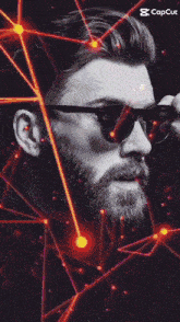 a man with a beard wearing sunglasses has lightning bolts coming out of his face