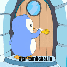 a cartoon of a penguin opening a door with the words star tamilchat.in below