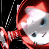 a close up of a red and white cartoon character with a black background