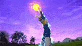 a pixelated image of a person holding a fireball in a field