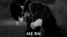 a black and white drawing of a person hugging another person with the words `` me rn '' written on the bottom .