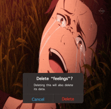 a screenshot of a crying anime character that says " delete "