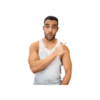 a man in a tank top is pointing to his shoulder